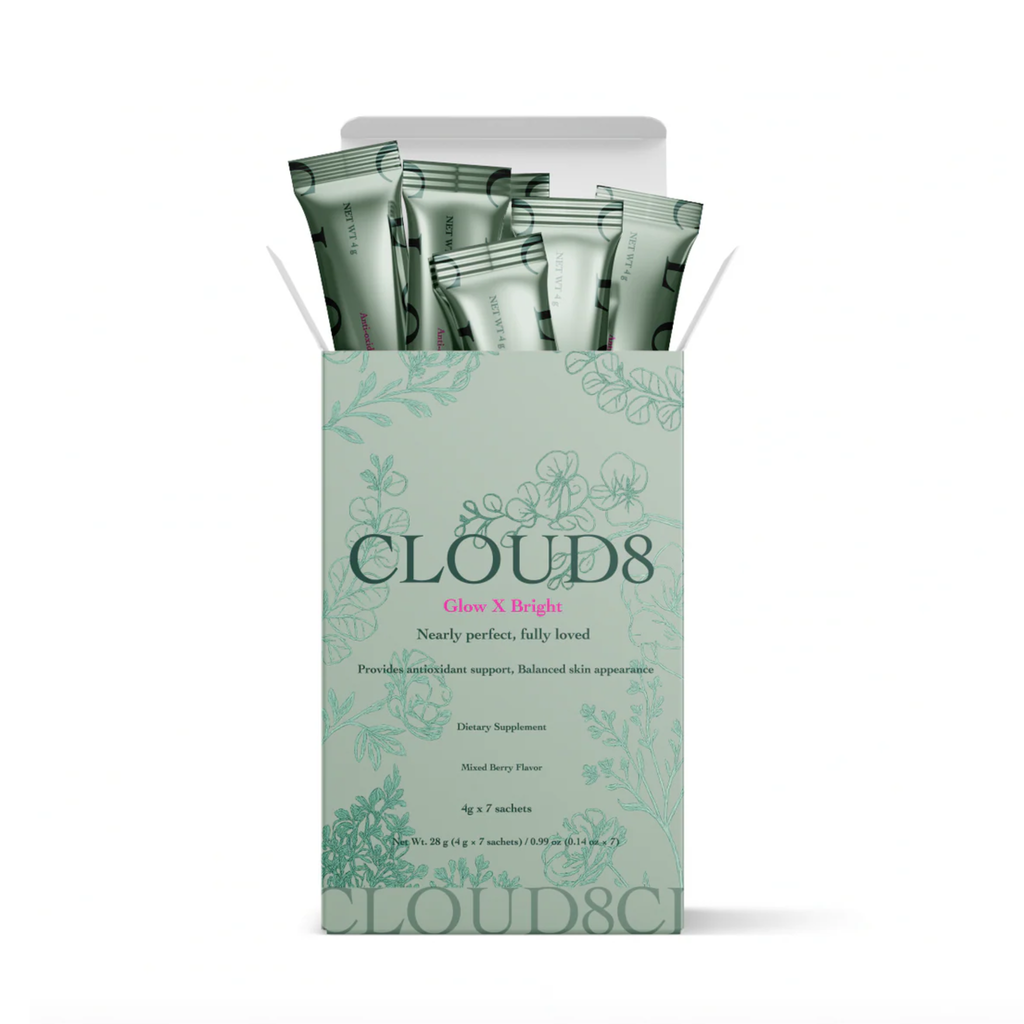 Box of Cloud8 Glow Bright supplements with packets inside on a white background