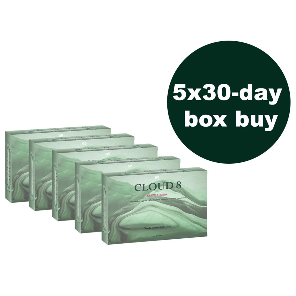 Five boxes of Cloud 8 product with a green circle indicating a 5x30-day box buy offer on a white background.
