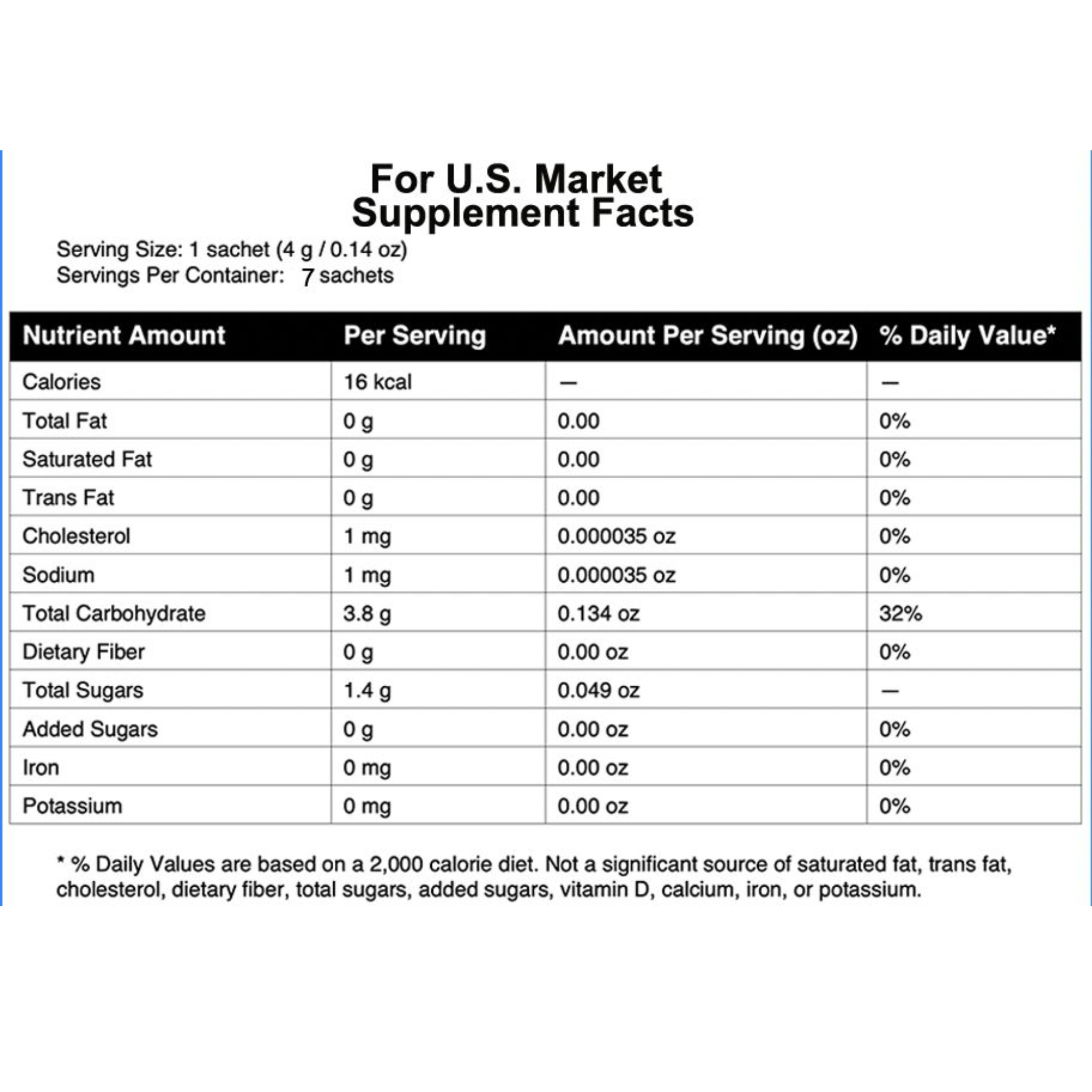 Supplement facts label for a U.S. market product with detailed nutritional information.