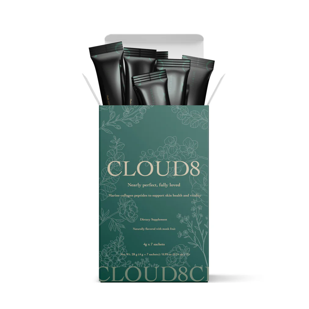 Pack of Cloud8 dietary supplements with black packets on a white background