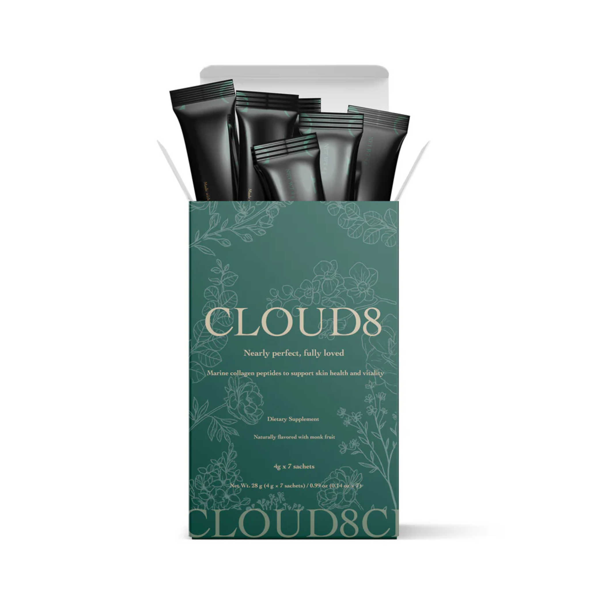 Pack of Cloud8 dietary supplements with black packets on a white background