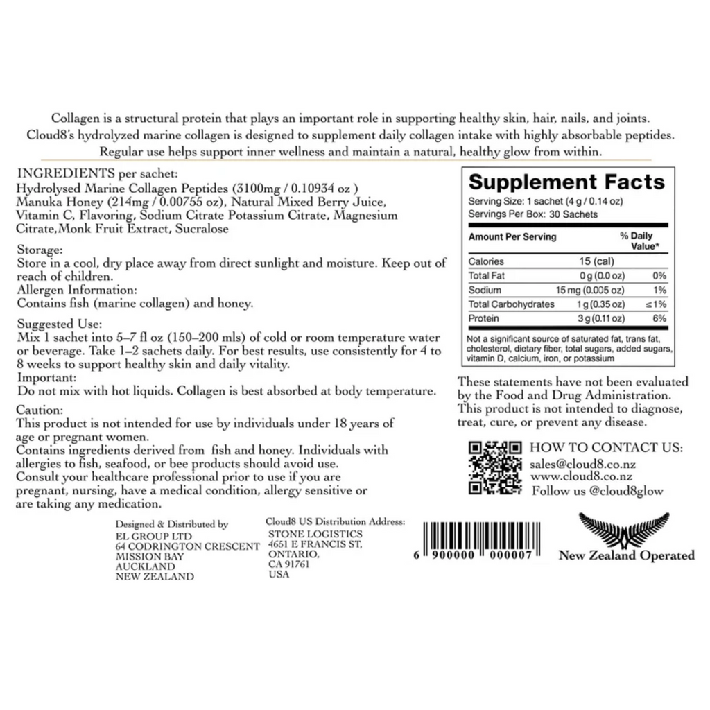 Cloud8 Marine Collagen with Manuka Honey and Mixed Berry, 30 sachet box, NZ-made, boosts skin elasticity and hydration, free tracked shipping