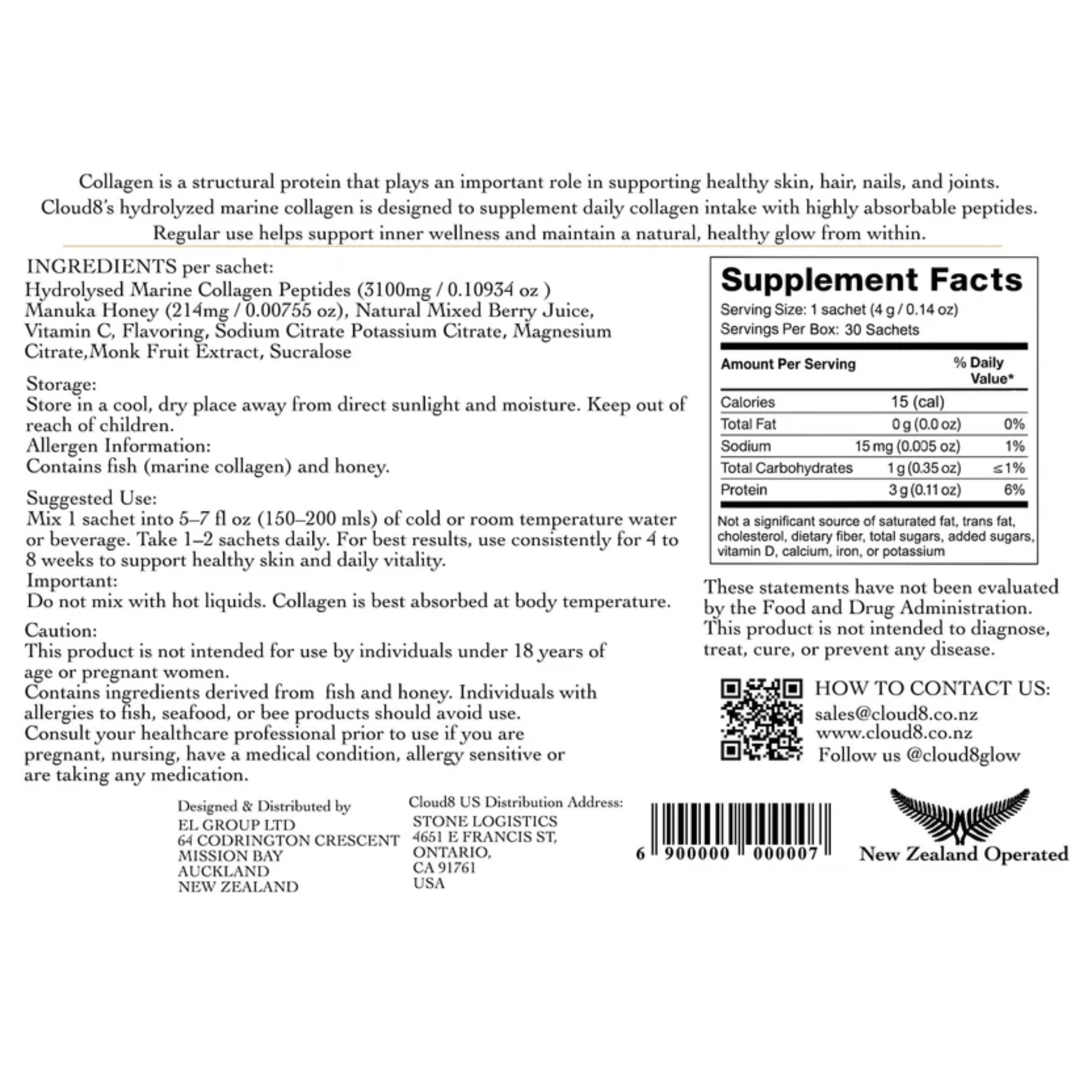 Cloud8 Marine Collagen with Manuka Honey and Mixed Berry, 30 sachet box, NZ-made, boosts skin elasticity and hydration, free tracked shipping
