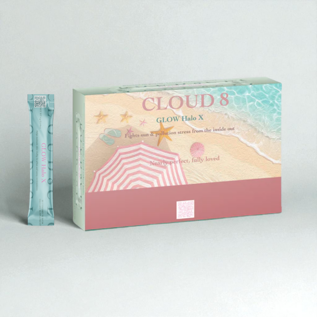 Cloud8 GLOW Halo X Skin Replenishment Collagen, 30 sachet box, NZ-made, supports skin hydration, elasticity, and overall skin health
