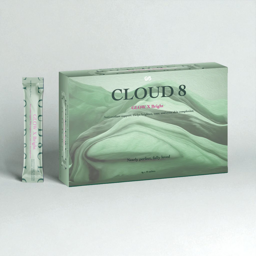 Cloud8 GLOW X Bright Anti-oxidant Support Collagen, 30 sachet box, NZ-made, enhances skin brightness and fights oxidative stress