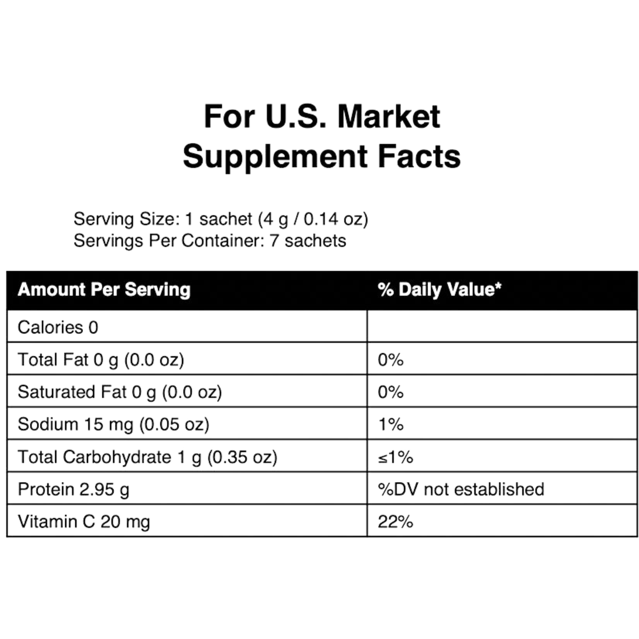 Supplement facts label for a U.S. market product with nutritional information.